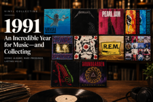 Editorial collage featuring ten iconic 1991 vinyl albums, including Nirvana’s Nevermind, Metallica’s The Black Album, Pearl Jam’s Ten, Guns N’ Roses’ Use Your Illusion, Temple of the Dog, R.E.M.’s Out of Time, Soundgarden’s Badmotorfinger, and A Tribe Called Quest’s The Low End Theory, alongside a turntable and headphones. Large text reads “1991: An Incredible Year for Music—and Collecting.”