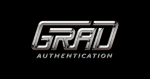 Grad Authentication logo in chrome lettering on a black background, marking Vintage Media Grading as its exclusive grading partner