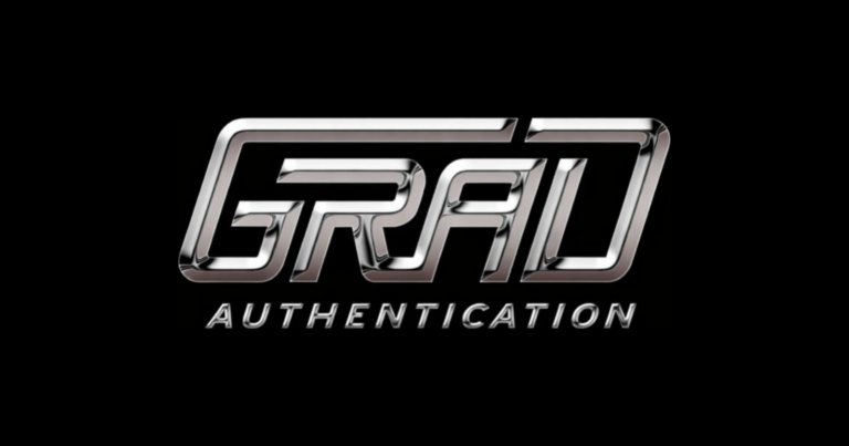 Grad Authentication logo in chrome lettering on a black background, marking Vintage Media Grading as its exclusive grading partner